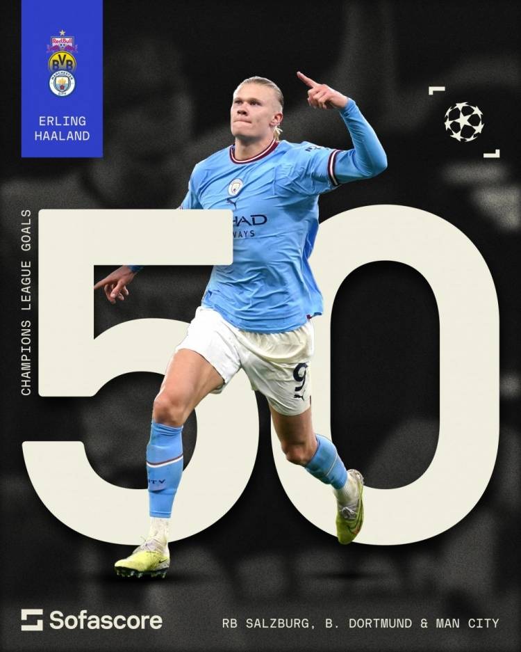 哈兰德49场欧冠打入50球 超越梅西&amp;范尼成历史最快 官方送祝福